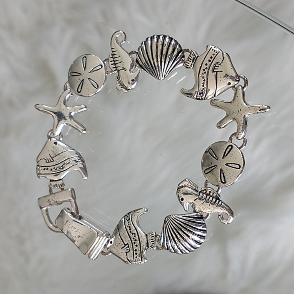 Silver or stainless steel beach summer fish shell seahorse sand dollar bracelet
